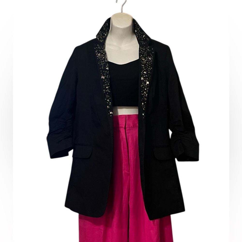 Express Women’s Black Blazer Ruched 3/4 Sleeves V Neck Collar Sequin Lapel 12